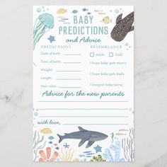 a baby dedication card with an image of a shark and other marine creatures on it