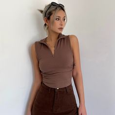 Casual Sleeveless Top, Summer and Autumn Top Brown Stretch Sleeveless Crop Top, Brown Stretch Sleeveless Tank Top, Fitted Brown Sleeveless Tank Top, Fitted Sleeveless Brown Top, Brown Stretch Halter Neck Tank Top, Brown Sleeveless Crop Top For Summer, Sleeveless Brown Crop Top For Summer, Brown Sleeveless Tank Top For Spring, Fake Tan