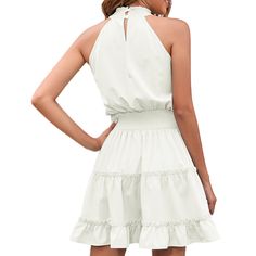 White Sleeveless Layered Ruffled Halter Midi Dress Solid Color Summer Sleeveless Dress With Ruffles, White Ruffled Halter Neck Dress, White Halter Neck Dress With Ruffles, Ruffled Halter Sundress For Day Out, Day Out Ruffled Halter Sundress, Elegant Ruffled Halter Neck Sundress, Elegant Halter Neck Sundress With Ruffles, Elegant Halter Neck Ruffled Sundress, Flowy Sleeveless Halter Dress With Ruffles