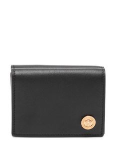 black calf leather Medusa Head motif trifold design snap button closure note compartment coin pocket Luxury Compact Trifold Wallet With Coin Pocket, Compact Trifold Wallet With Coin Pocket For Business, Compact Business Trifold Wallet With Coin Pocket, Black Trifold Wallet With Coin Pocket, Luxury Bifold Coin Purse With Coin Pocket, Classic Black Trifold Wallet With Coin Pocket, Luxury Black Trifold Wallet With Coin Pocket, Classic Trifold Wallets With Snap Closure, Classic Trifold Wallet With Snap Closure For Formal Occasions