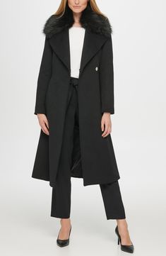 An inset bib panel with a stand collar brings runway-ready edginess to a belted coat woven from a luxurious wool blend. 46" length (size S) Drape collar with inset stand collar Long sleeves Asymmetric zip closure Front welt pockets Lined Shell: 60% wool, 40% polyester; Faux fur: 50% acrylic, 50% modacrylic   Dry clean Imported Model Stats: 5'10" height; 34" bust; 27" waist; 35" hips. Model is wearing size S. Karl Lagerfeld Paris, Belted Coat, Wool Blend Coat, Fur Trim, Welt Pockets, Karl Lagerfeld, Stand Collar, Chic Outfits, Duster Coat