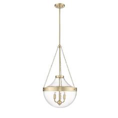 a light fixture with two glass globes hanging from it's chain and gold trim