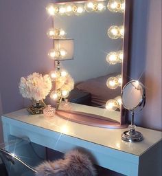 On table top: mirror, cotton ball and q-tip holder, makeup quote, candle, ? light up mason jars with Polaroids Rangement Makeup, Diy Vanity Mirror, Makeup Vanity Lighting, Elegant Dressing, Impressions Vanity, 2019 Makeup, Makeup Vanity Mirror, Diy Vanity, Vanity Room