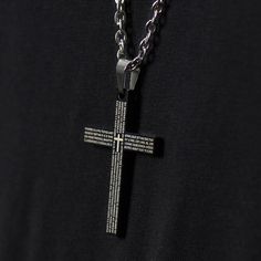 * Black cross 
 * Adjustable chain 
 * Nickel tested 
 * Gift bag included Black Engraved Cross Jewelry, Black Engraved Crucifix Necklace, Black Crucifix Necklace Engraved, Black Engraved Cross Pendant Necklace, Black Cross Necklace As Gift, Black Stainless Steel Jewelry For Streetwear, Black Stainless Steel Cross Jewelry, Black Metal Crucifix Necklace, Black Engraved Cross Necklace Gift