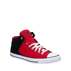 Enjoy an impressive sporty look with these men's Converse Chuck Taylor All Star High Street red/black/white sneakers. Made of canvas upper in colorblock design, these mid-top shoes are designed with round cap toe, lace-up closure, round logo at the ankle, patch branding label at the tongue, padded collar, Ortholite insole and iconic diamond patterned rubber outsole. | Converse Men's Chuck Taylor All Star High Top Street Sneaker in Red/Black/White Size 10 Medium Sports High-top Sneakers With Rubber Toe Cap, Sports High-top Lace-up Sneakers With Rubber Toe Cap, Lace-up High-top Sneakers With Rubber Toe Cap For Sports, Streetwear Low-top Basketball Shoes With Rubber Heel Cap, Red Lace-up Sneakers With Rubber Heel Cap, Urban High-top Sneakers With Rubber Toe Cap, Urban High-top Sneakers With Rubber Toe Cap For Sports, Mid-top Sneakers With Rubber Toe Cap For Streetwear, Casual Red Sneakers With Rubber Heel Cap