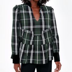 Tartan Blouse, Never Worn. Beautiful For The Holiday Season. True To Size In Bust. Flowy Waist Plaid V-neck Blouse For Work, Elegant Plaid Long Sleeve Tops, Elegant Long Sleeve Plaid Tops, Plaid V-neck Blouse For Fall, Elegant Plaid Tops For Workwear, Tartan Blouse, Green Tartan, Smock Blouse, Red Gingham