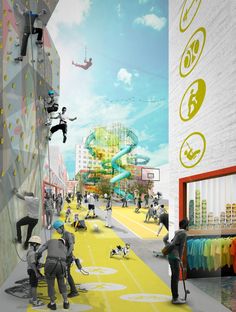 an artist's rendering of people climbing up and down the side of a building