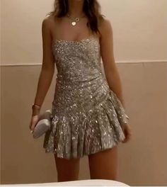 Mini Dress Inspo Aesthetic, Shiny Sequin Dress, Hoco Dresses Winter, House Of Cb Hoco Dress, Micro Dresses Clubwear, Silver Mini Dress Outfit, Hoco Dresses Silver, Short Silver Prom Dresses, White Sparkle Mini Dress