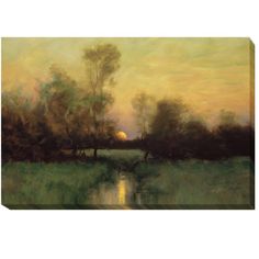 an oil painting of trees and water at sunset with the setting sun in the distance