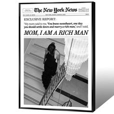 the new york news front page with a woman in black dress climbing up some stairs