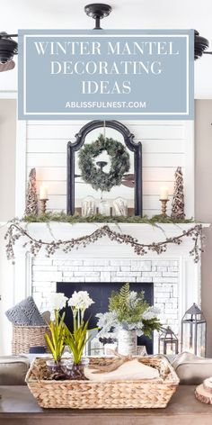 a living room with a fireplace and mantle decorated for winter, including wreaths on the mantel