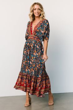 Leeanne Midi Dress | Navy Multi Floral Hipster Outfits For Women, Boho Border, Midi Dress Navy, Baltic Born, Velvet Maxi Dress, Velvet Maxi, Flowy Sleeves, Hipster Outfits, Surplice Neckline