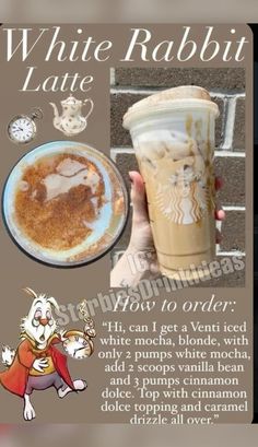 a coffee cup with white rabbit latte on it and instructions for how to order