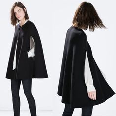 Zara Neutral Black Wool Poncho Cape Coat W/ Pockets Lined Pockets Button Closure Excellent Condition Poncho Coat Cape, Black Poncho, Poncho Coat, Wool Poncho, Cape Coat, Poncho Cape, Zara Jackets, Zara Black, Black Wool