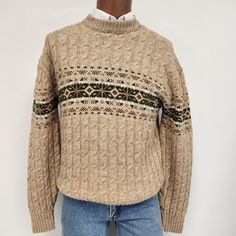 Vintage 1970's Men's Studio One by Campus Small - Medium Tan Cable Crewneck Ski Sweater   This Sweater is FREE of Holes - Snags and Pilling   The Colors are Tan with White - Coffee Brown and Dark Green and Made in USA    No Fabric Content - Feels Like Acrylic    The Chest Measures 38 Inches   The Sleeve Length is 35 Inches Uncuffed   The Body Length is 25 Inches   Check Measurements Carefully Prior to Purchasing   We Gladly Ship Internationally and Do Combined Shipping Vintage Beige Tops For Winter, Ski Sweater, Green Outfit, Sweater Vest, Black Sweaters, Vintage Men, Sweater Outfits, 1970s, Men Sweater