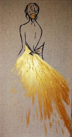 a drawing of a woman in a yellow dress on a piece of paper with gold paint