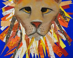 a painting of a lion's head with many different colored strips on it,