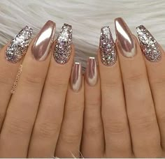 Glitter Nail Art Designs, Rose Gold Nail Art, Gold Nail Art, Rose Nail Art, Nail Art Glitter, Rose Gold Nails, Metallic Nails, Nail Designs Glitter