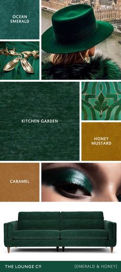 Colour Combinations - Emerald Green & Golden Honey. Interior Design green and gold palette inspiration. Greens Restaurant, Dark Emerald Green, Perfect Sofa, Golden Honey, Beautiful Sofas, The Lounge, Emerald Color