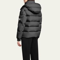 Moncler "Maya 70" puffer jacket crafted from matte nylon laqué with iconic boudin quilting  Detachable hood with snap buttons; adjustable drawstring fastening Stand collar; two-way zipper/snap closure Long sleeves; adjustable, elasticized cuffs with snap buttons Flap pocket with logo patch at left sleeve Zipped external and internal pockets Hem with drawstring fastening  Polyester Lining: Nylon Fill: Down/Feather Hand wash Imported Designer Nylon Puffer Jacket For Fall, Designer Nylon Outerwear For Outdoor, Luxury Nylon Outerwear With Detachable Hood, Designer Quilted Nylon Outerwear, Designer Nylon Puffer Jacket With Padded Collar, Designer Quilted Hooded Puffer Jacket, Luxury Down Puffer Jacket With Detachable Hood, Luxury Nylon Outerwear For Streetwear, Designer Quilted Nylon Puffer Jacket