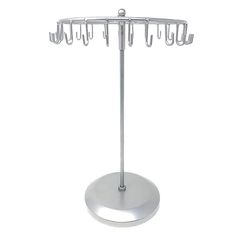 a metal rack with several hooks on it's sides and two rows of clips hanging from the top