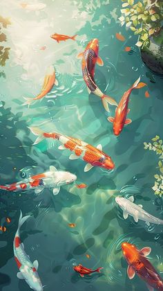 a group of koi fish swimming in a pond