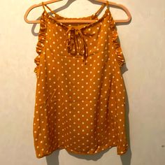 Shein Mustard Yellow Sleeveless Top Size:Large Nwot Yellow Sleeveless Top With Ruffles, Sleeveless Polka Dot Tops For Vacation, Mustard Sleeveless Tank Top For Summer, Polka Dot Sleeveless Casual Blouse, Polka Dot Sleeveless Blouse For Spring, Mustard Sleeveless Top For The Beach, Yellow Sleeveless Blouse With Ruffles, Sleeveless Polka Dot Top For Beach, Casual Sleeveless Polka Dot Blouse