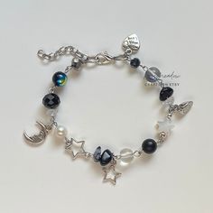 "A sweet handmade bracelet, part of my 'Paired Up' Collection ✿ Made with freshwater pearls, Quartz, mother of Pearl, glass, glass crystal, and metal accents ✿ My Moon: Pearlescent white, iridescent clear, clear, milky white, oil slick shade, grey, black, matte black, clear navy, and silver ✿ Paired with the My Stars bracelet, also available on my shop ✿ The bracelets have an additional 1-1.5\" of extension chain Additional Options ✿ Choose your favorite pair to share with a friend, family, a lo Mother Of Pearl Bracelet, Diy Jewelry Rings, Moon Bracelet, Fancy Beads, Magical Jewelry, Jewelry Accessories Ideas, Oil Slick, Metal Accents, Milky White