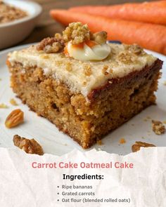 carrot cake oatmeal cake with white frosting and toppings on top