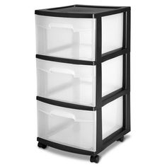 three drawer storage unit on wheels with white drawers and black handles, one is open to reveal