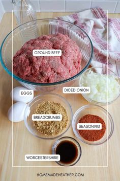 the ingredients for ground beef are shown in separate bowls and labeled on each side, including eggs, breadcrumbs, seasoning, spices, and an eggplant