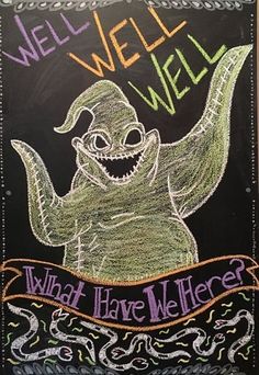 a chalk board with an image of a smiling ghost on it's side and the words well well written below