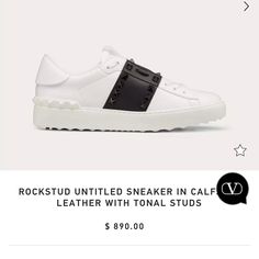 Valentino Garavani Rockstud Untitled White Calfskin Sneaker - Retail $890 - Colored Calfskin Stripe With Matching Lacquered Studs - Unique “11” Label - White Rubber Sole With Rubber Stud Details At The Back - Made In Italy - Size 37 - Only Worn Once , In Like New Condition Product Code: 5w2s0a01ltu_a01 Designer Leather Sneakers With Spikes, Luxury White Studded Sneakers, Valentino Garavani Shoes, Valentino Rockstud, Valentino Garavani, Womens Shoes Sneakers, Calf Skin, Rubber Sole, Red And White