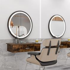 a hair salon with two mirrors on the wall and a chair in front of it