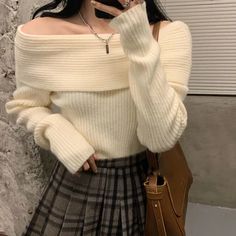 Y2k Clothing, Korean Aesthetic, Knitwear Fashion, Off Shoulder Sweater, Knitted Tops, Knitting Women Sweater, Plaid Skirt, Sweater Women, Off Shoulder Tops