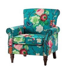 a blue chair with flowers on it