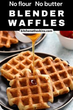 a plate with waffles and syrup being drizzled over them on top