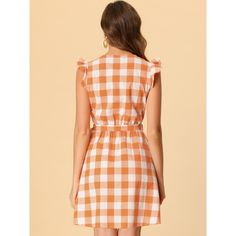 The shirt dress is a must-have piece for summer! Create a retro silhouette with this vintage check-shirt dress. This ruffled-sleeved dress will see you through warmer days in an effortless style. With an on-trend check print, this classic button-decor style boasts a shirt dress shape and nips in the waist with a tie waist for showing your waistline. The plaid designs never go out of style. Vintage Plaid Mini Dress For Summer, Casual Short Sleeve Plaid Dress With Ruffles, Short Sleeve Plaid Dress With Ruffles For Picnic, Short Sleeve Checkered Plaid Dress With Ruffles, Summer Plaid Dress With Short Sleeves For Daywear, Gingham Plaid Dress With Ruffles For Brunch, Gingham Plaid Dress With Ruffles For Daywear, Daywear Plaid Dress With Ruffles, Retro Mini Length Plaid Dress