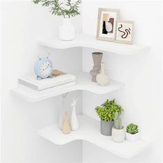 some white shelves with plants and pictures on them