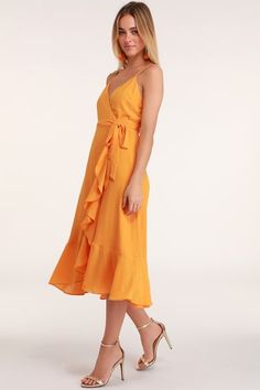 Manhattan Moment Bright Orange Ruffled Midi Wrap Dress Light Blue Midi Dress, Peach Midi Dress, Hot Pink Midi Dress, Orange Cocktail Dresses, Blue High Low Dress, Wrap Dress Midi, Womens Wrap Dress, Full Midi Skirt, Winter Inspo