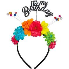 Spring into celebration with some flowers in your hair. This Multicolor Floral Birthday Headband makes for an eye-popping entrance. Colorful fabric flower embellishments sit upon a solid black headband featuring a springy It's My Birthday declaration at the top. This floral birthday headband is the perfect birthday accessory. Bright Multicolor Floral Birthday Headband product details:  One size fits most teens and adults Head Flower Crown, Flower Crown Birthday, Birthday Fabric, Colorful Headbands, Birthday Headband, Birthday Cheers, Flower Crown Headband, Mini Balloons, Plastic Headband