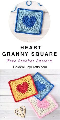 the heart granny square is made with free crochet pattern, and has three hearts on it