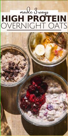 three bowls filled with oatmeal and fruit on top of a wooden table