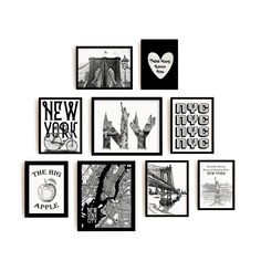 a group of black and white pictures hanging on the side of a wall with new york