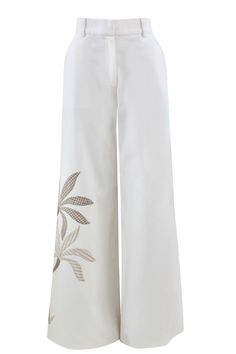 Handmade embroidery khayamya palms on one sided leg on this unique pants Chic Embroidered Straight Pants, Chic Embroidered Trousers, Chic Embroidered Wide Leg Pants, Chic Wide Leg Embroidered Pants, Elegant Embroidered Wide Leg Pants, Elegant Cotton Pants For Vacation, Elegant Cotton Vacation Pants, Unique Pants, Handmade Embroidery