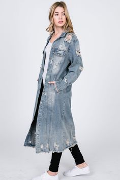 Our favorite denim duster is to be yours! Dusty Denim Long Duster Distressed Button Down 4 Pockets 90% Cotton 10% Polyester Long Distressed Denim Jacket, Denim Duster, Long Denim Jacket, Denim Jacket Fashion, Distressed Jacket, Duster Jacket, Denim Outerwear, Denim Maxi, Grey Outfit