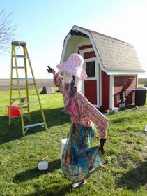 a woman standing in front of a red barn wearing a pink hat and colorful dress