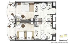 the layout of a small apartment with two beds and one living room on each side