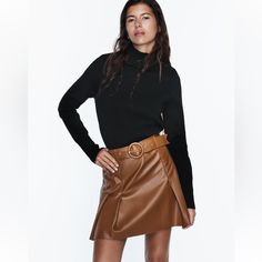 High Waisted Skirt With Self Belt Pleat Detail Back Hidden Inseam Zip Closure Whiskey Belted Mini Skirt For Fall, Fall Belted Mini Skirt, Fall Brown Belted Skirt, Fall Mini Skirt With Belt, Chic Brown Mini Skirt For Work, Trendy Belted Mini Skirt For Fall, Chic Zara Skirt For Fall, Chic Fall Mini Skirt, Chic Winter Mini Skirt For Workwear