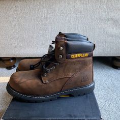 New Caterpillar Steel Toe Boots! Boots Mens Outfit, Brown Shoe Boots, Sorel Caribou Boots, Clarks Originals Desert Boot, Caterpillar Boots, Brown Shoes Men, Ariat Boots, Steel Toe Boots, Hunting Boots